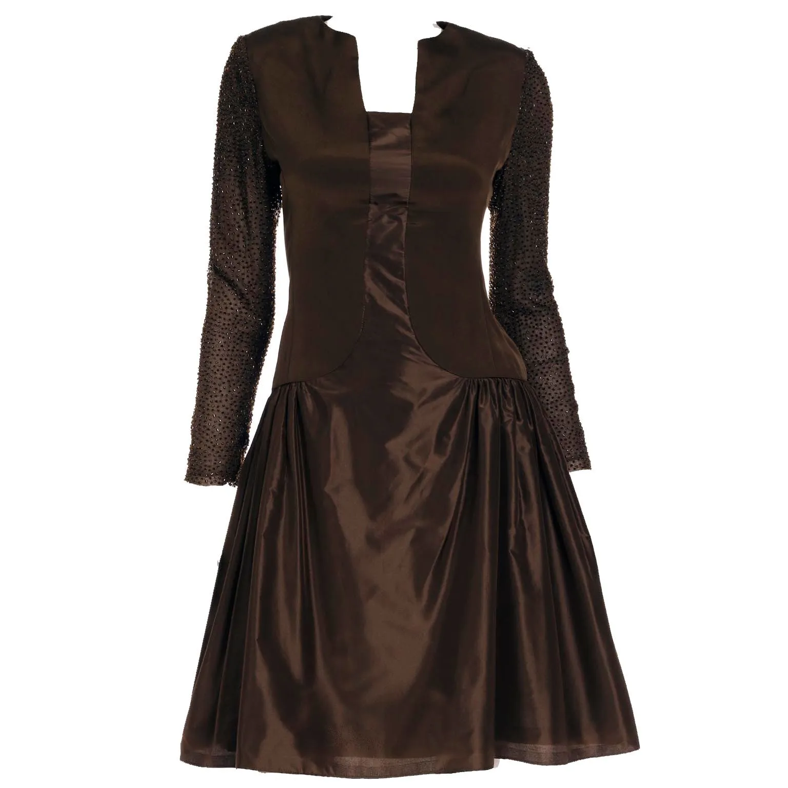 1980s Vintage Richilene Brown Beaded Drop Waist Evening Dress