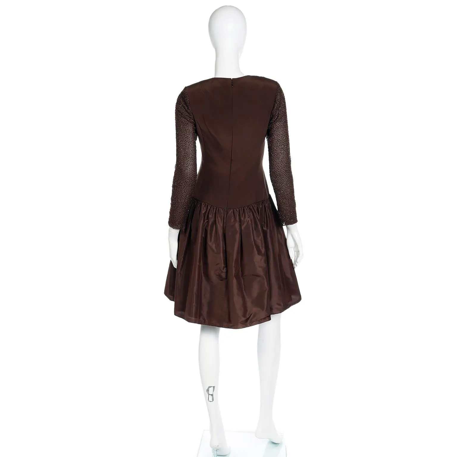1980s Vintage Richilene Brown Beaded Drop Waist Evening Dress