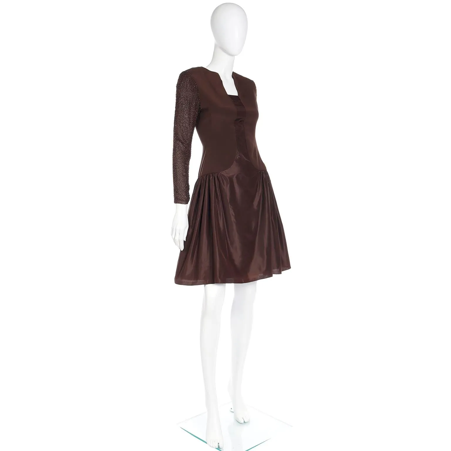 1980s Vintage Richilene Brown Beaded Drop Waist Evening Dress