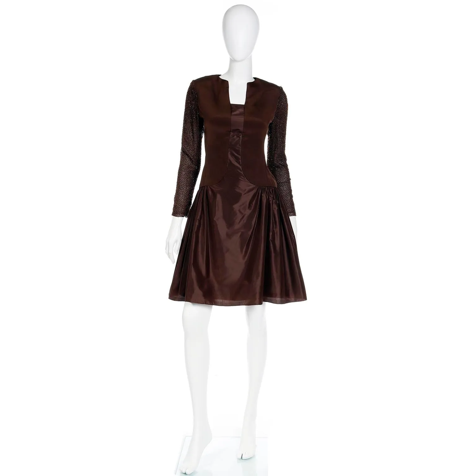 1980s Vintage Richilene Brown Beaded Drop Waist Evening Dress