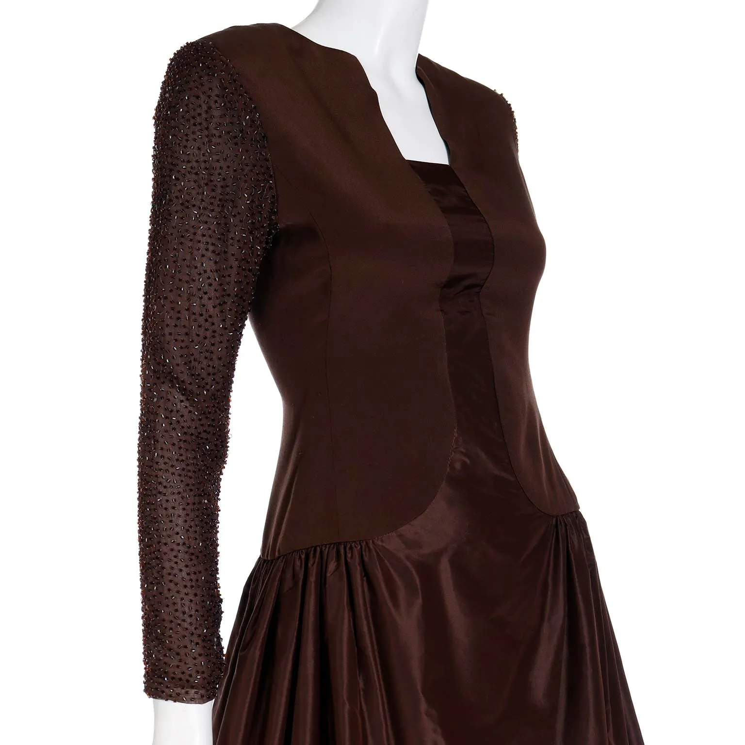 1980s Vintage Richilene Brown Beaded Drop Waist Evening Dress