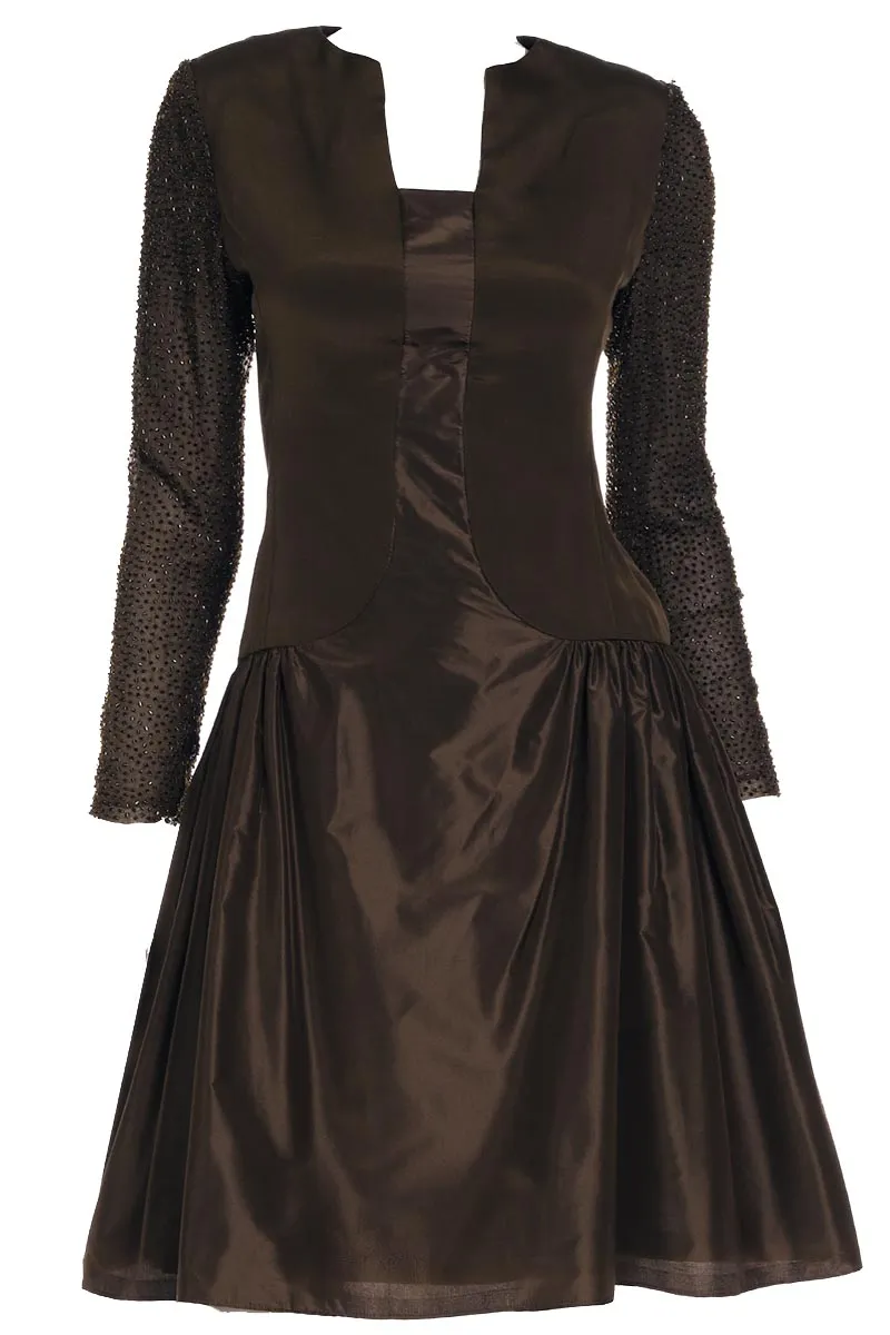 1980s Vintage Richilene Brown Beaded Drop Waist Evening Dress