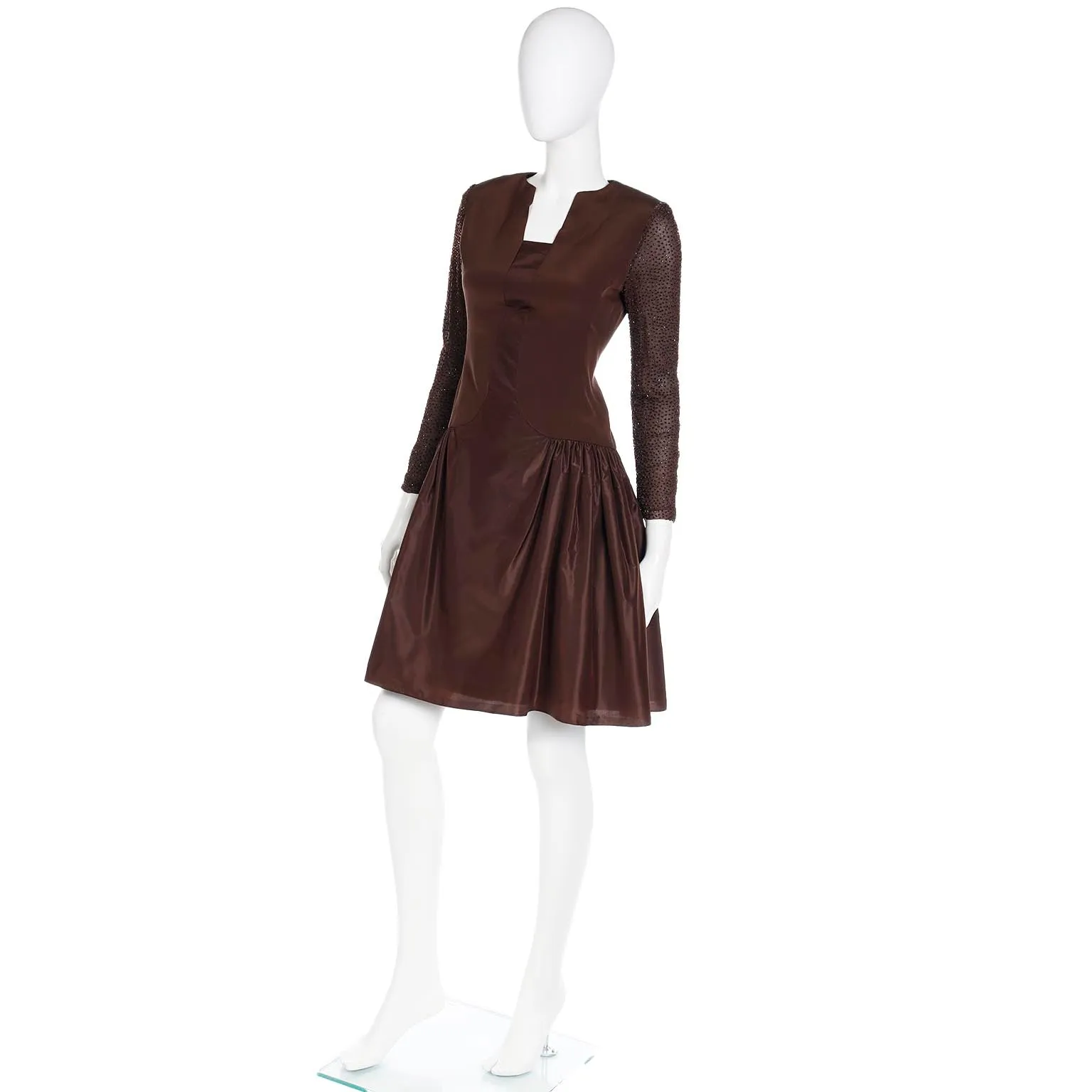 1980s Vintage Richilene Brown Beaded Drop Waist Evening Dress