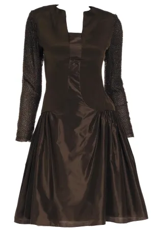 1980s Vintage Richilene Brown Beaded Drop Waist Evening Dress