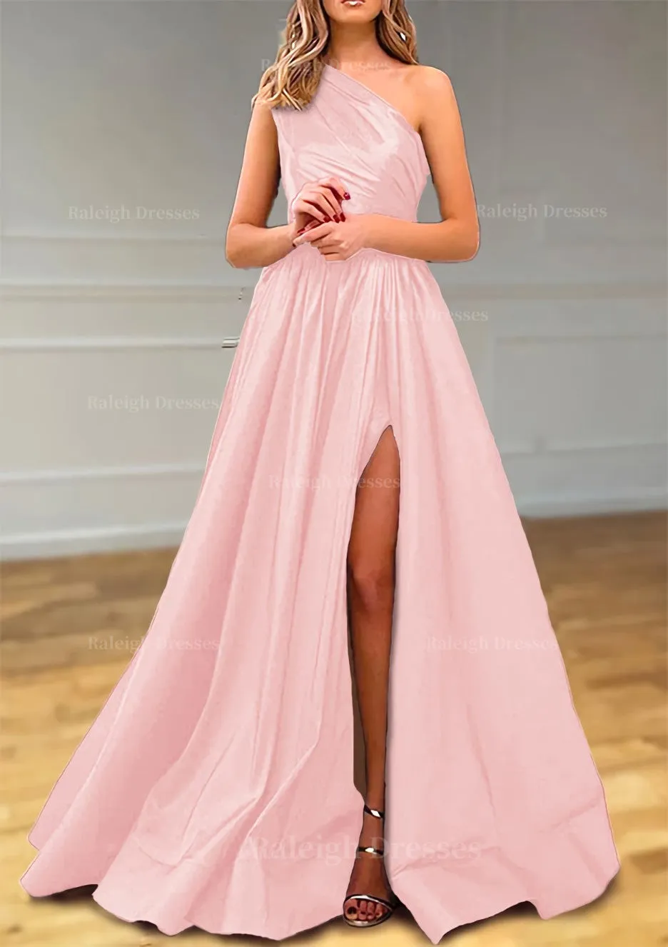 A-line One-Shoulder Satin Prom Dress With Pleated Split