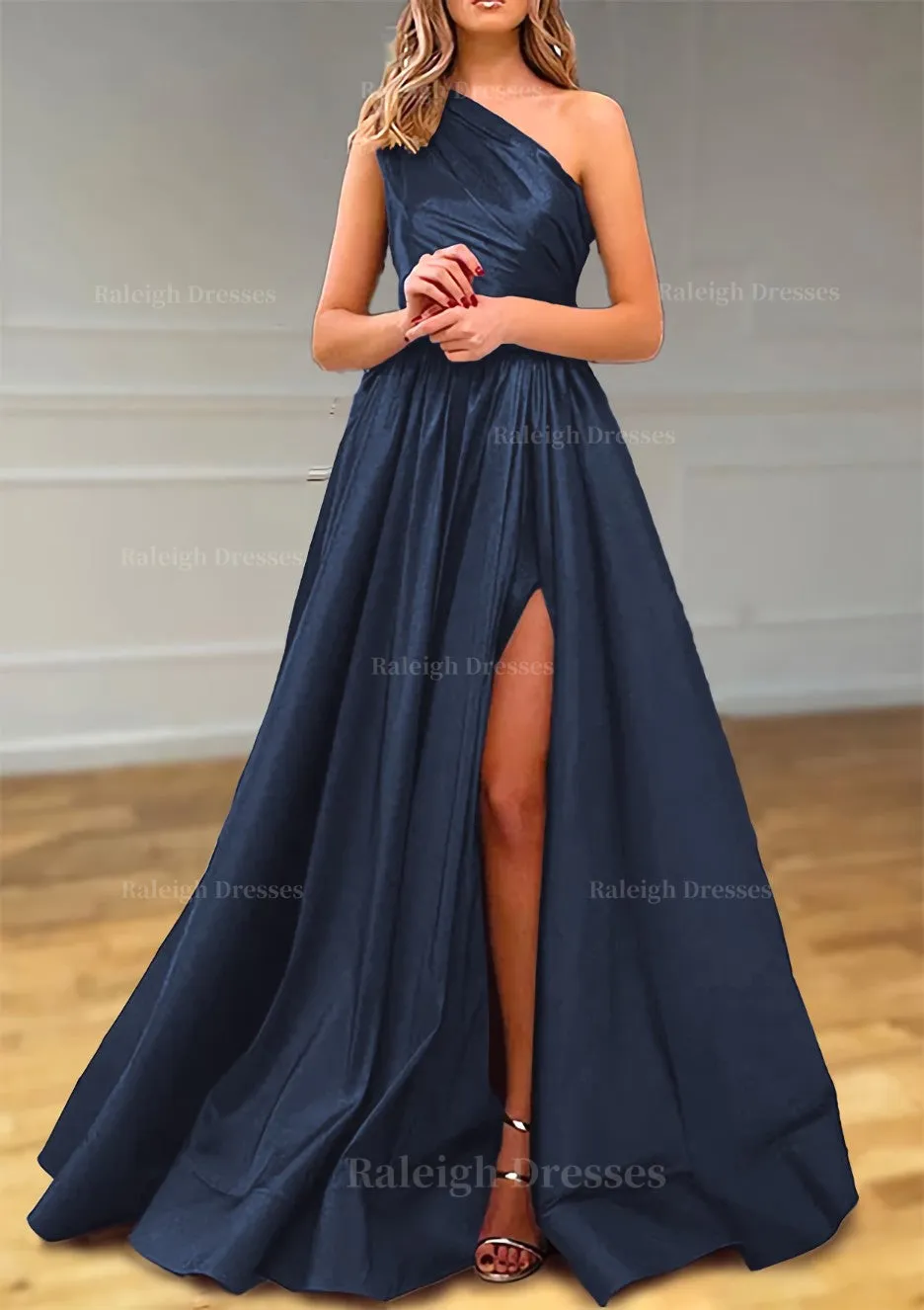 A-line One-Shoulder Satin Prom Dress With Pleated Split