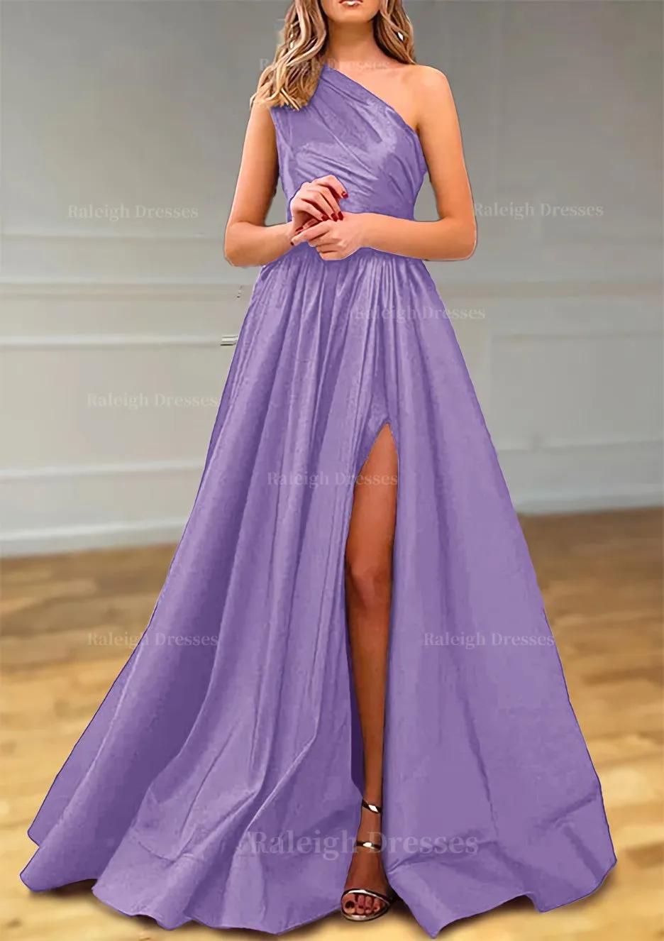 A-line One-Shoulder Satin Prom Dress With Pleated Split