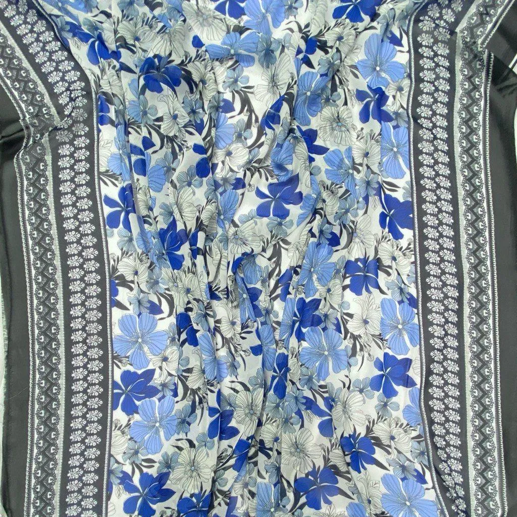 Blue/White Floral with Black Double Border Chiffon Fabric