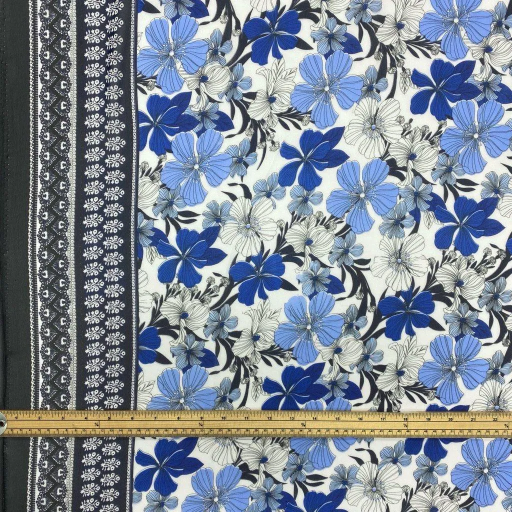 Blue/White Floral with Black Double Border Chiffon Fabric