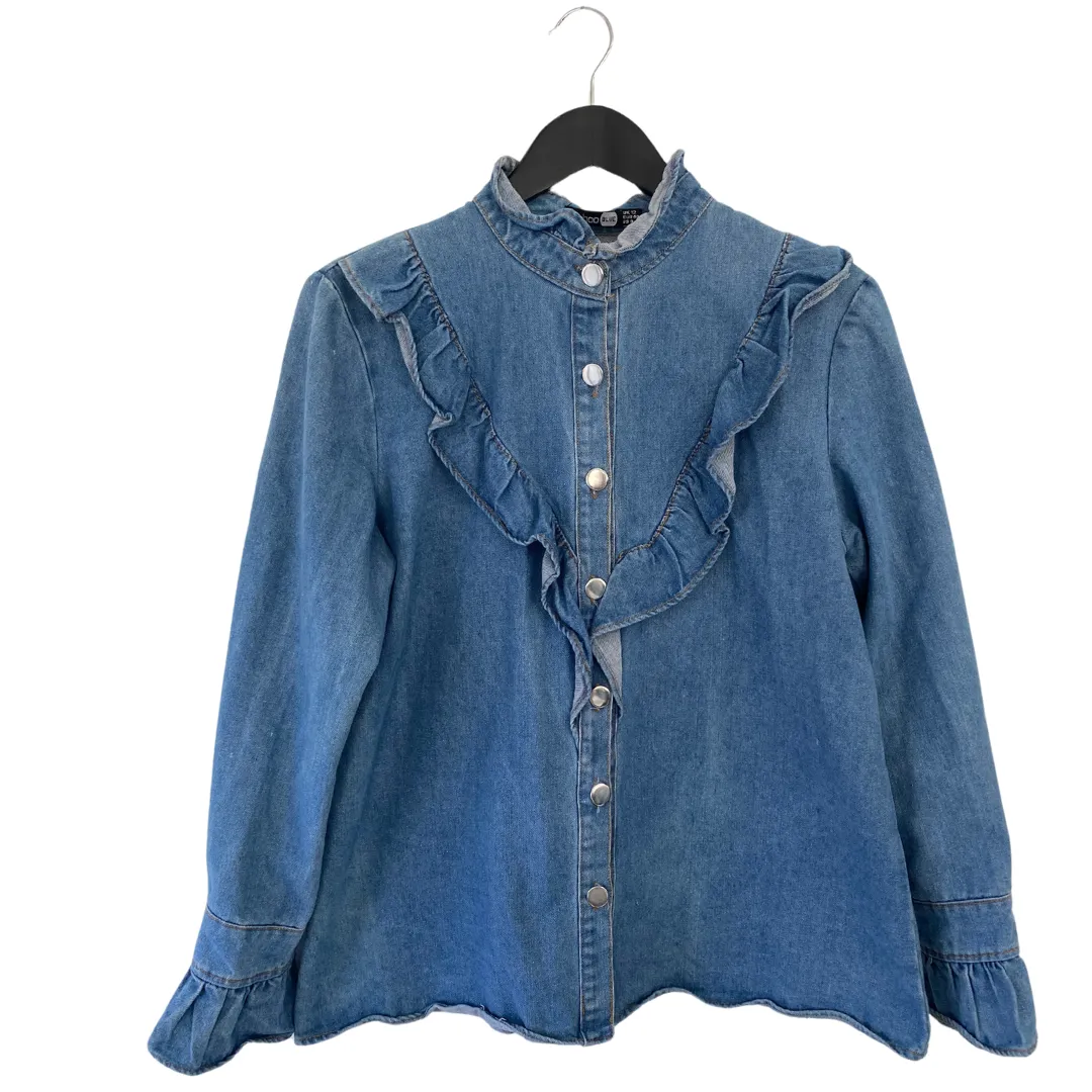 Boohoo Denim Frill Shirt Blue SIZE 12
