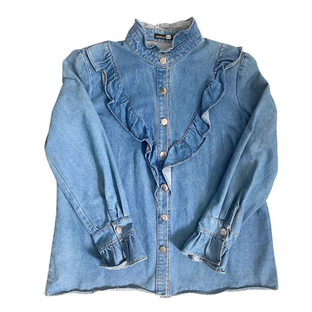 Boohoo Denim Frill Shirt Blue SIZE 12