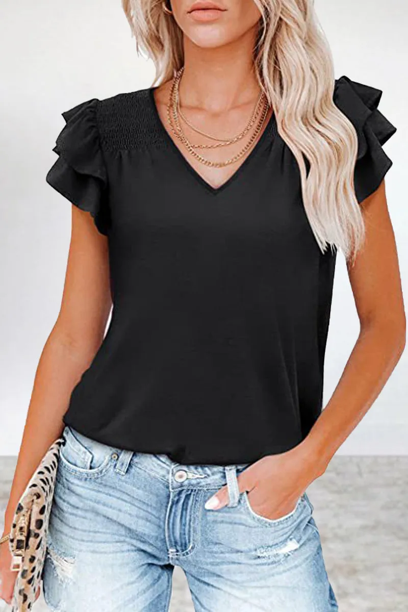 Casual Simplicity Solid Flounce V Neck T-Shirts