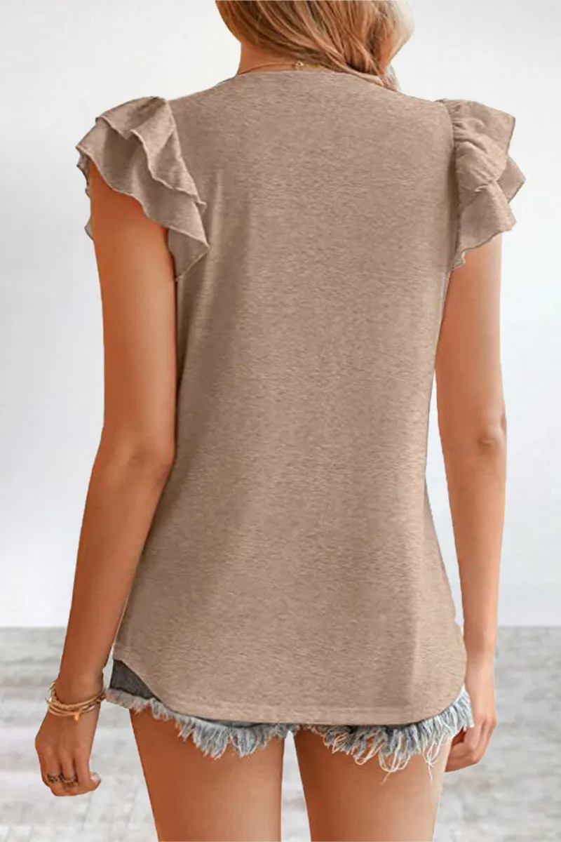Casual Simplicity Solid Flounce V Neck T-Shirts