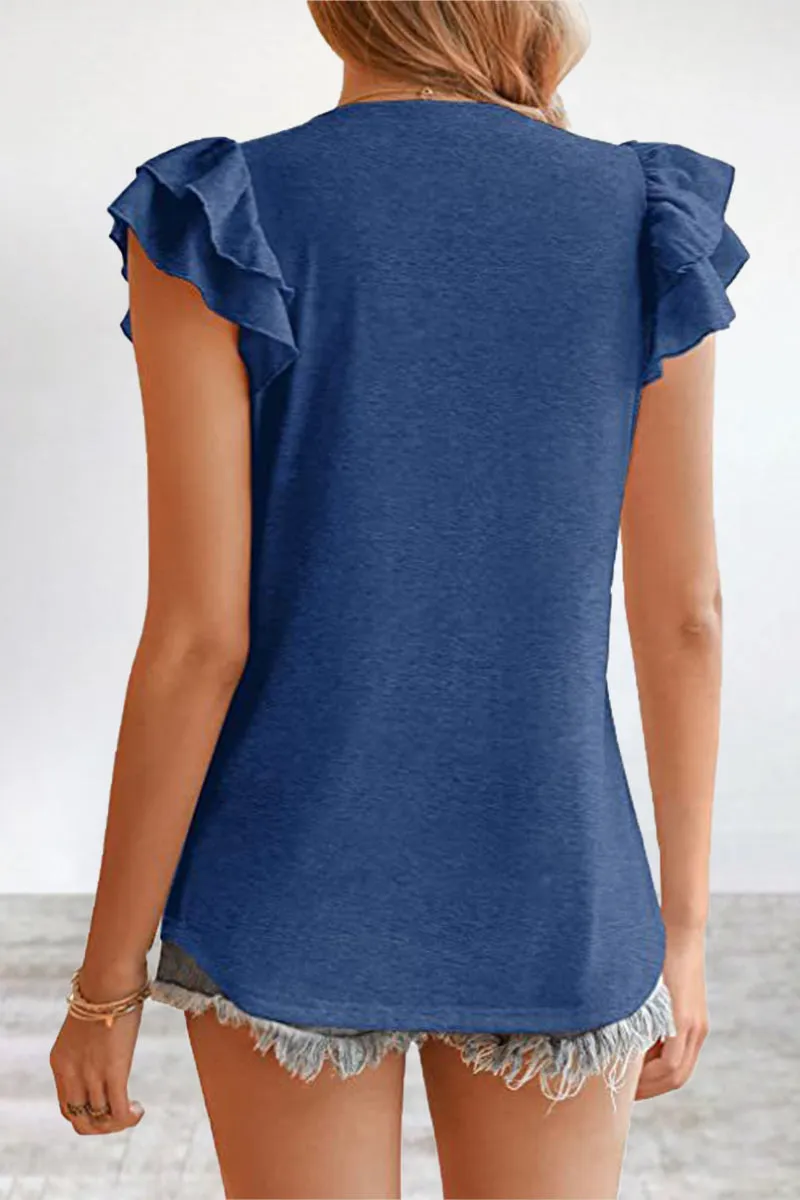 Casual Simplicity Solid Flounce V Neck T-Shirts