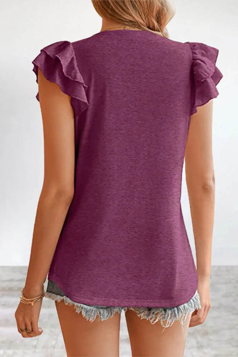 Casual Simplicity Solid Flounce V Neck T-Shirts