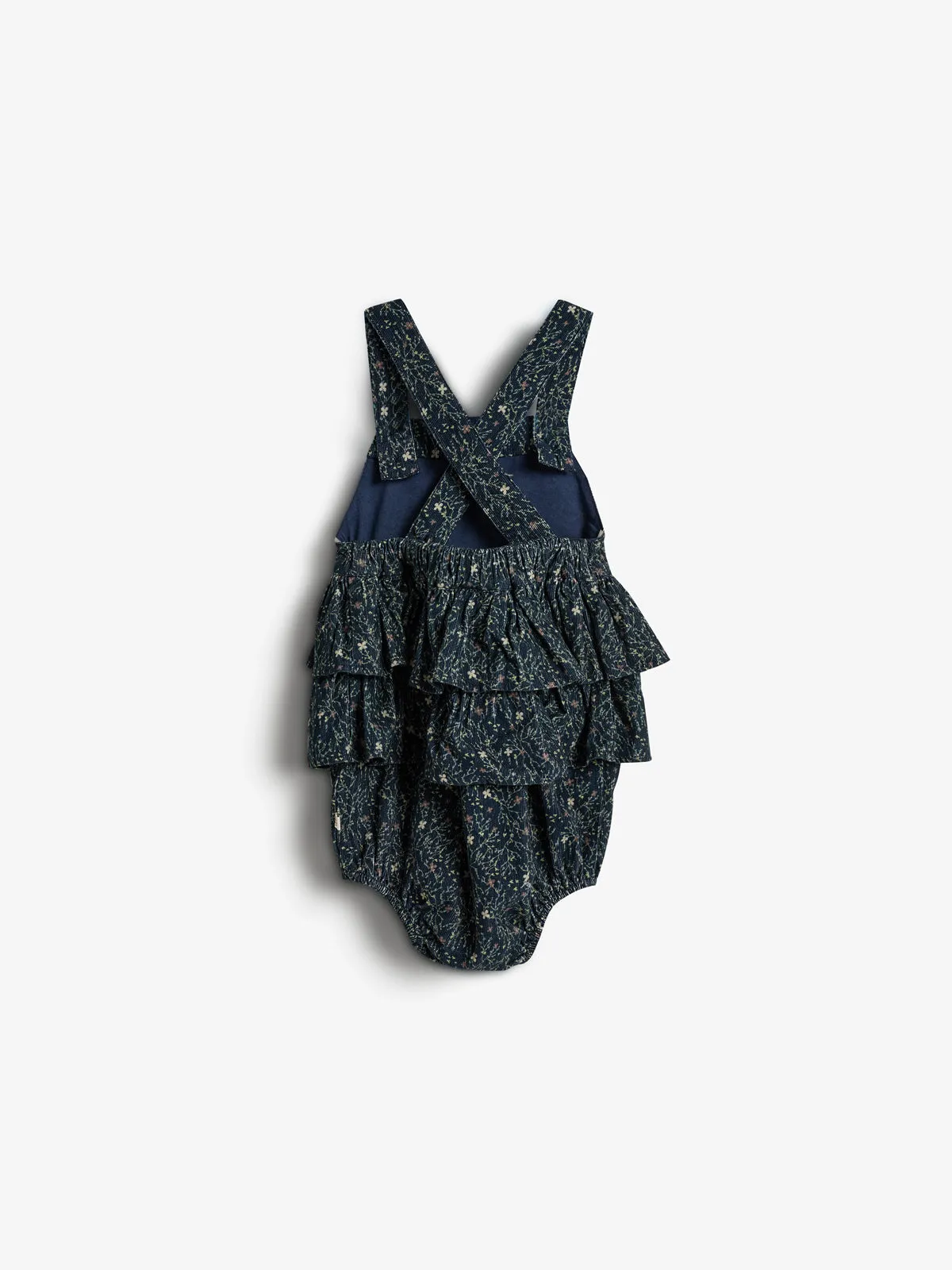 Corduroy Romper w. Floral Print - Little - Blue/Rose