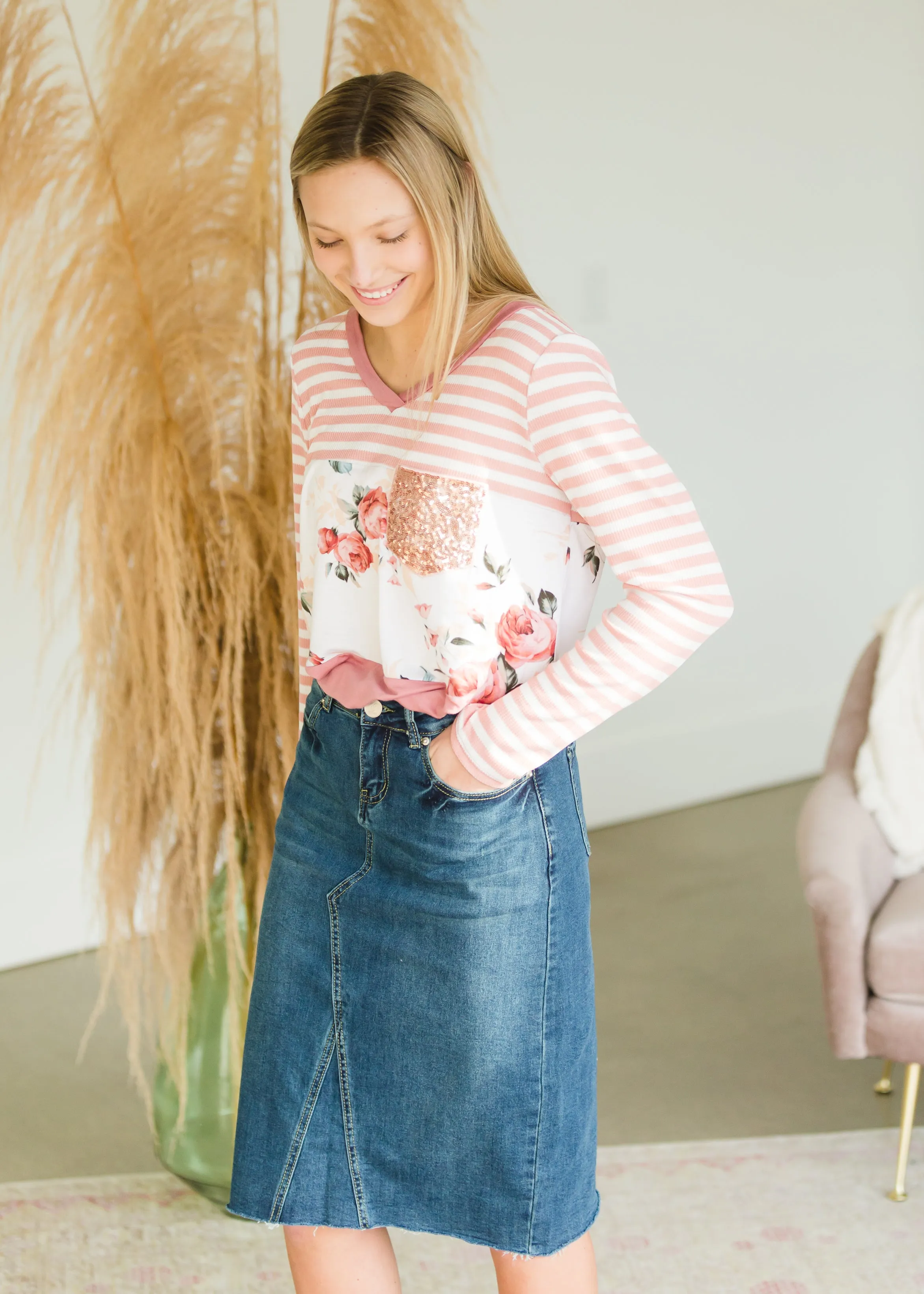 Floral Striped Sequin Pocket Top - FINAL SALE
