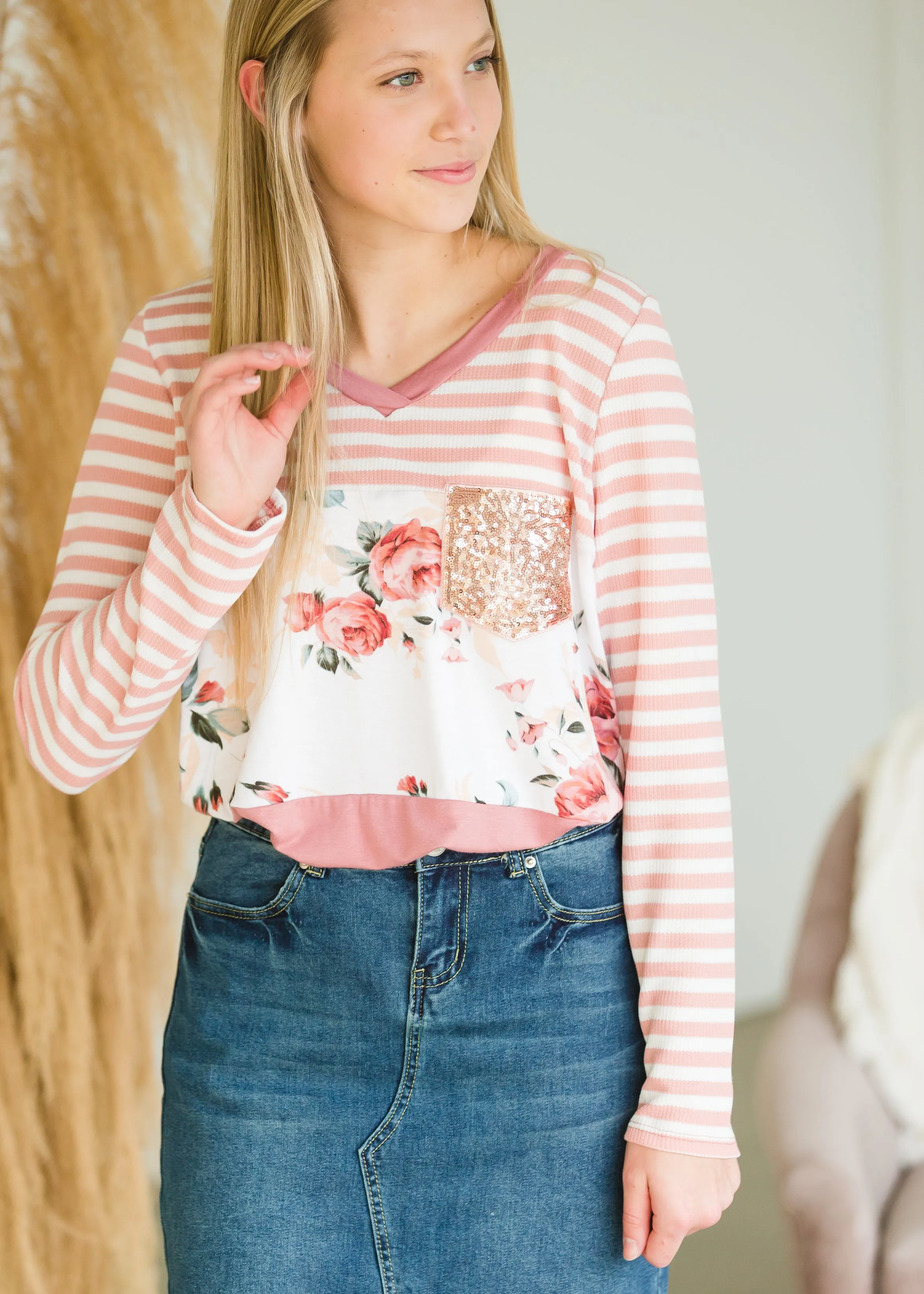 Floral Striped Sequin Pocket Top - FINAL SALE