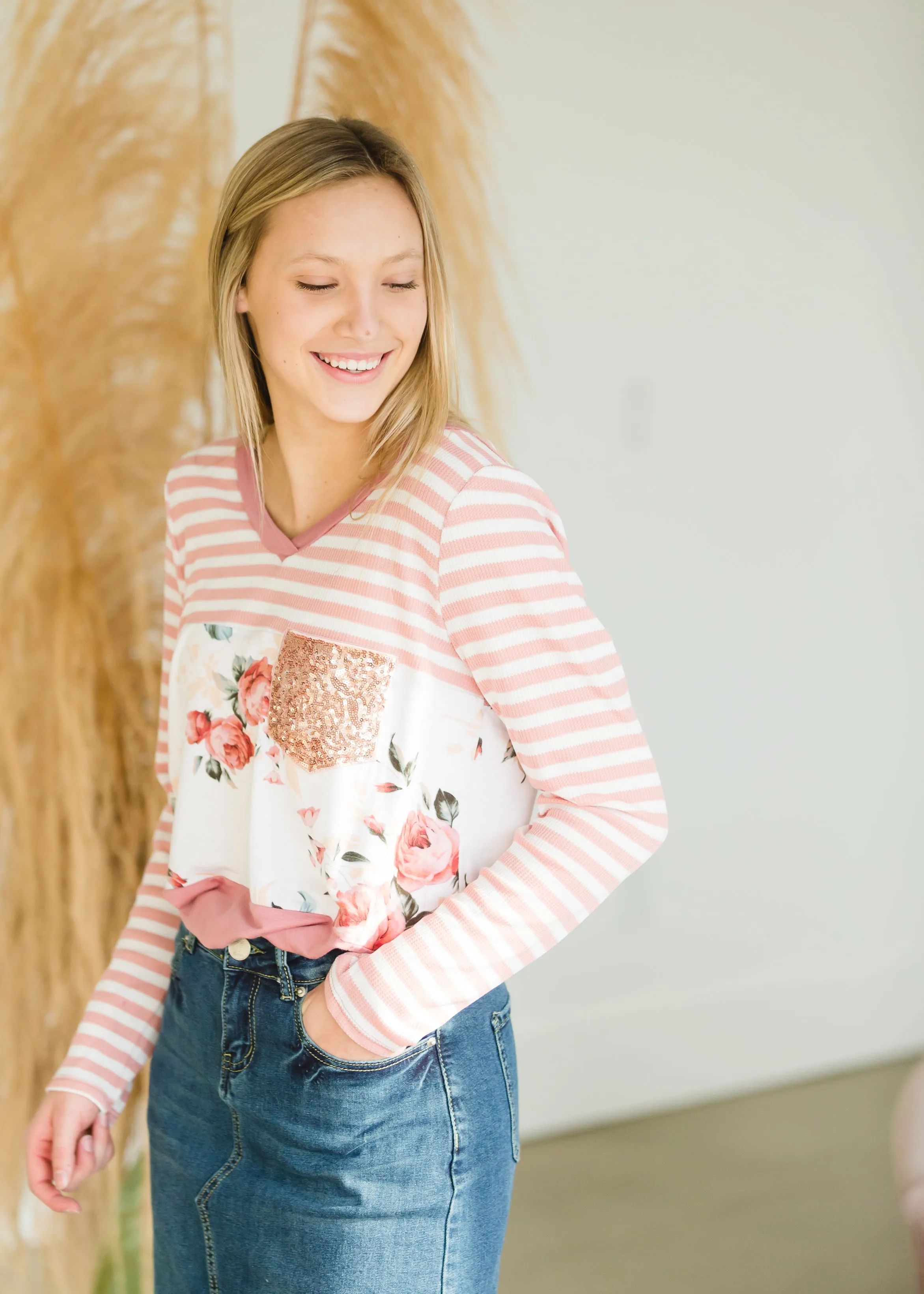 Floral Striped Sequin Pocket Top - FINAL SALE