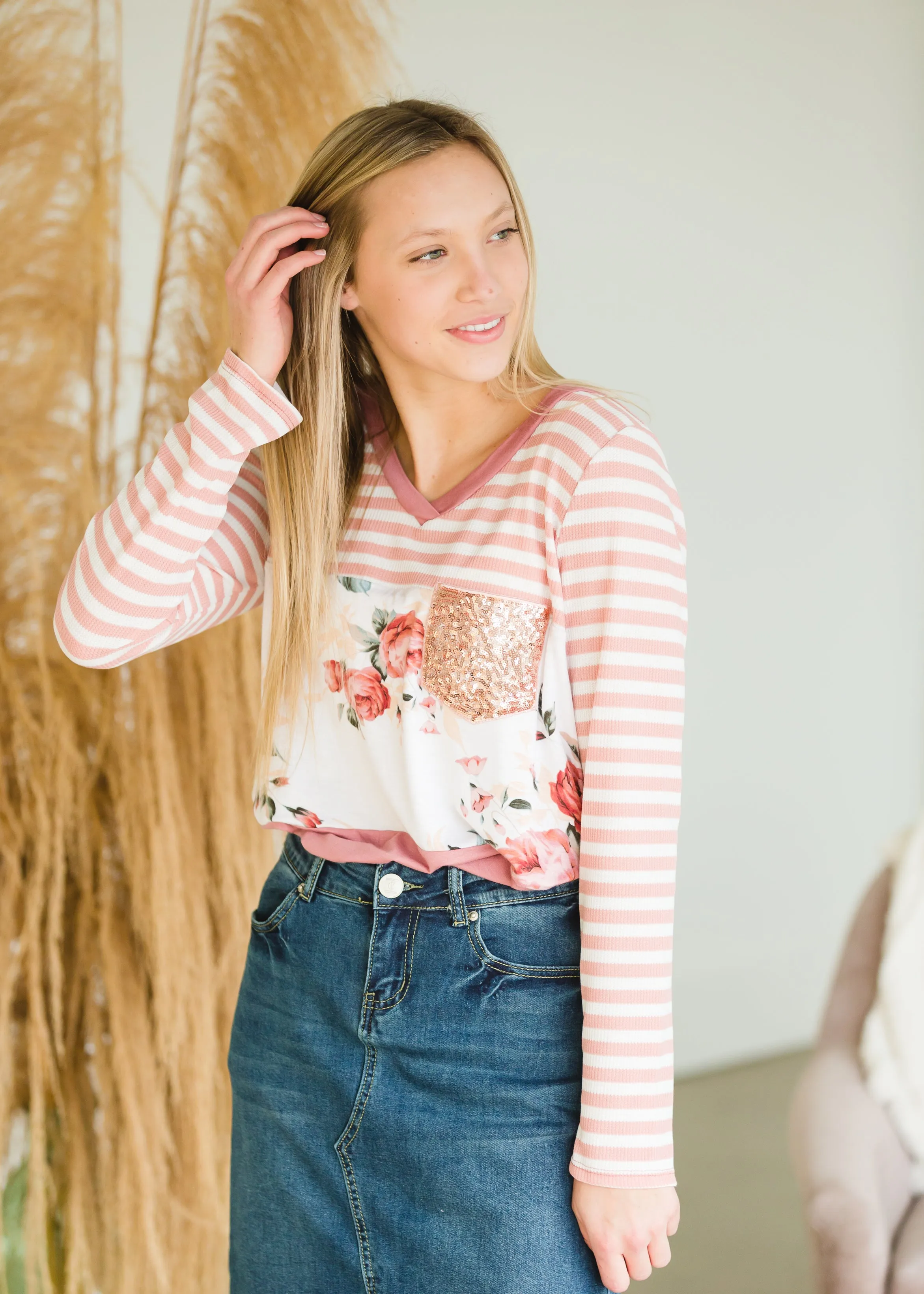 Floral Striped Sequin Pocket Top - FINAL SALE