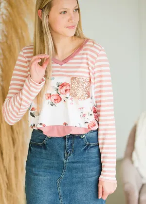 Floral Striped Sequin Pocket Top - FINAL SALE