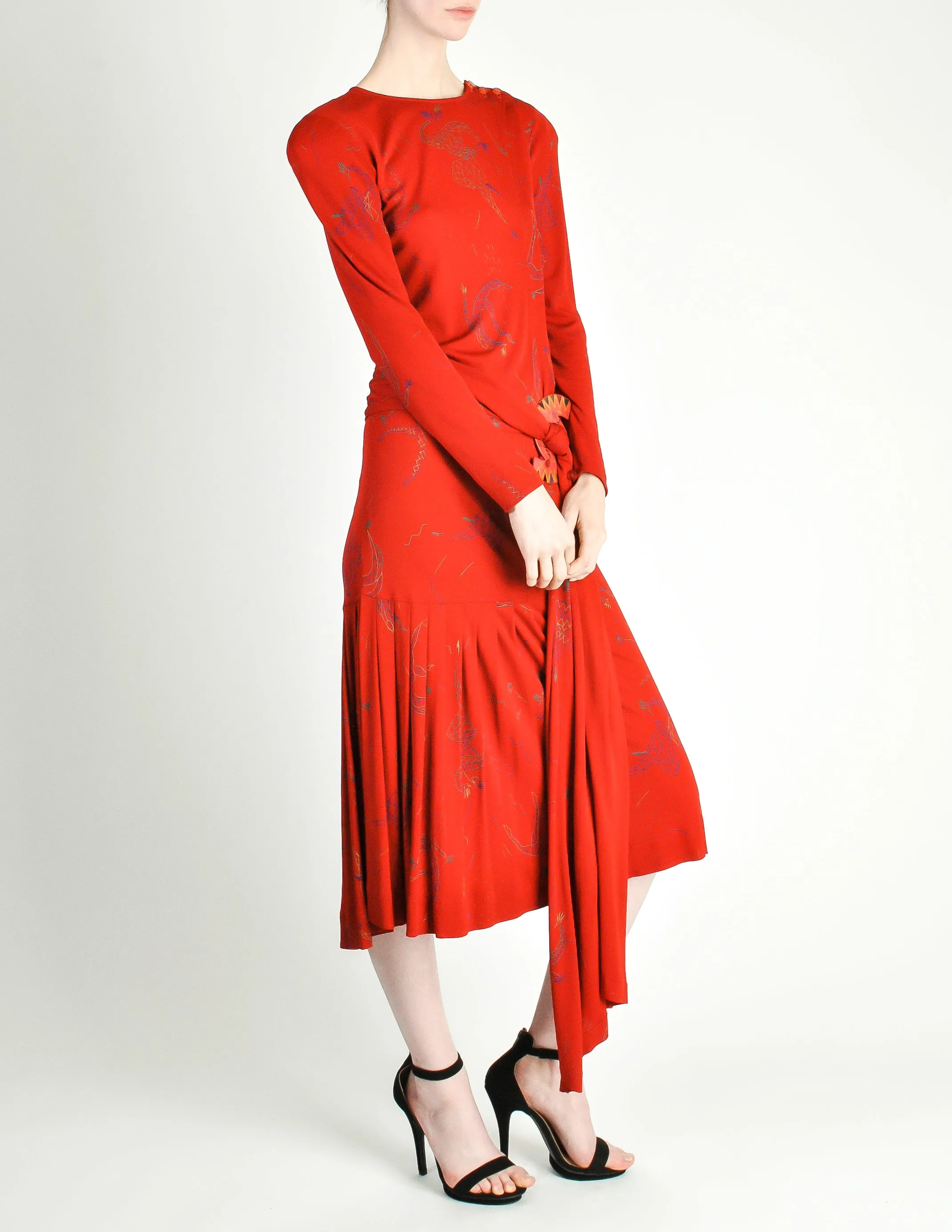 Jean Muir Vintage Red Jersey Novelty Carnival Print Dress