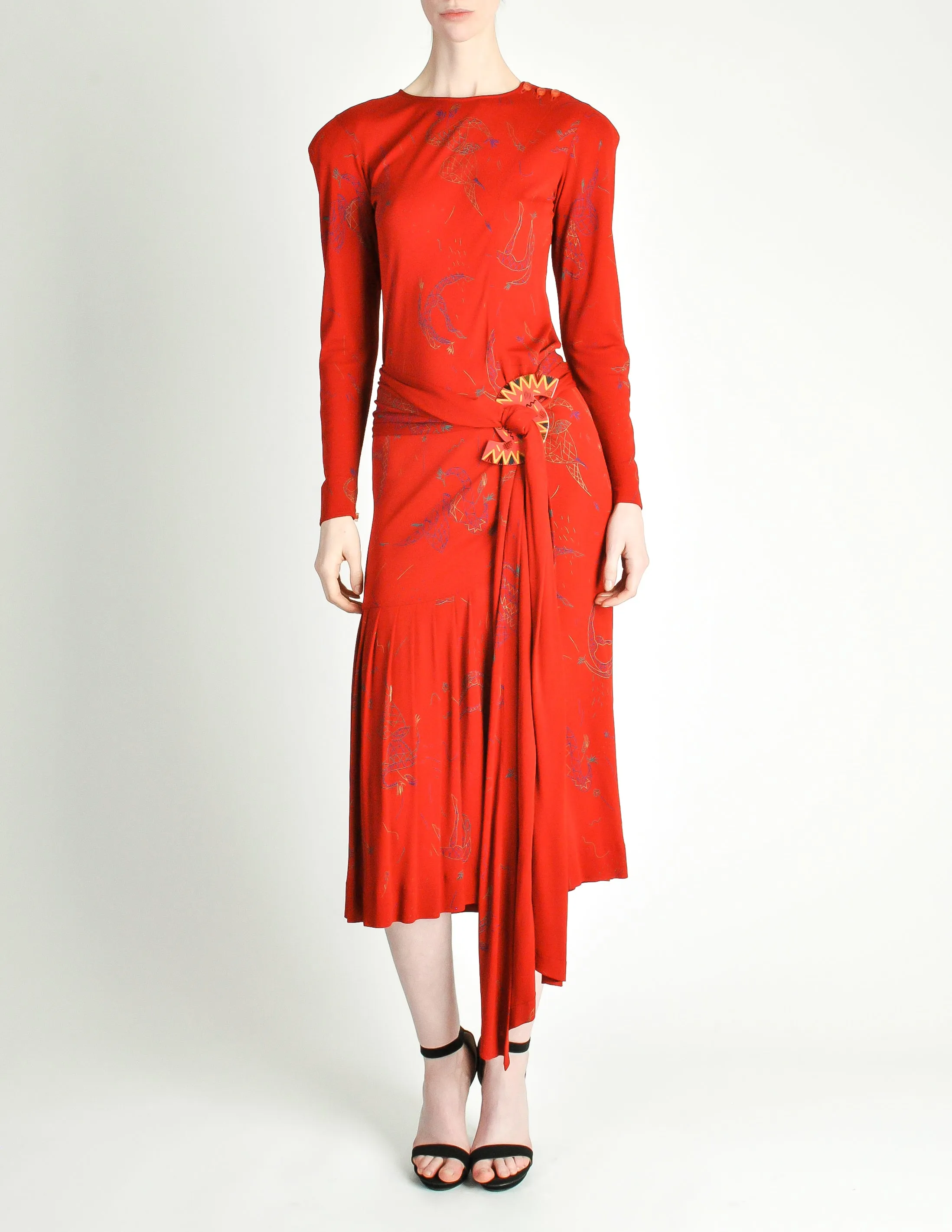 Jean Muir Vintage Red Jersey Novelty Carnival Print Dress