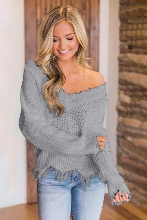 Joyous Frayed Dropped Shoulder Sweater