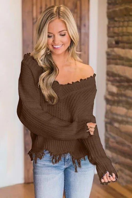 Joyous Frayed Dropped Shoulder Sweater