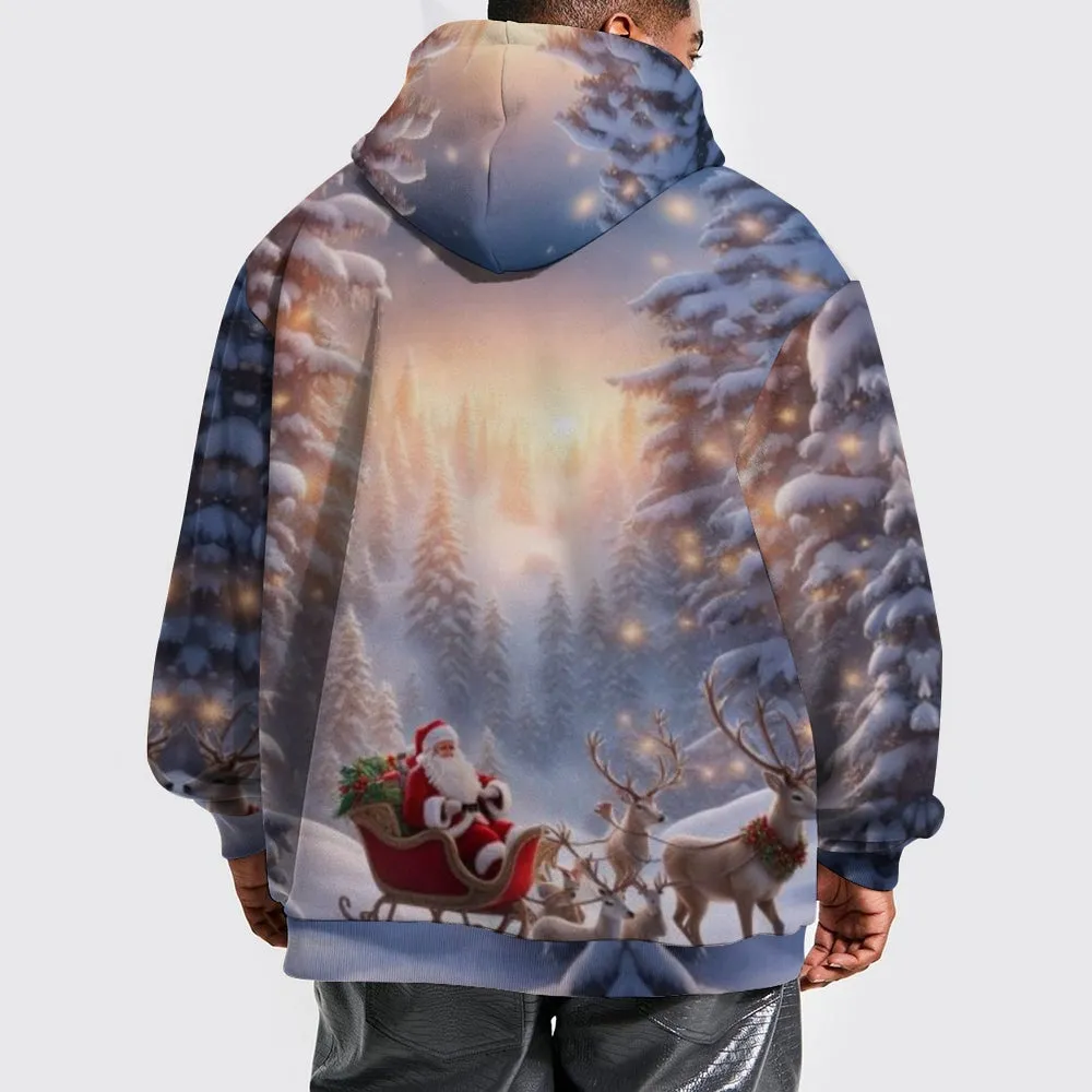 Mens Christmas Santa Claus Winter Snow Graphic Pullover With Kangaroo Pocket Hoodies