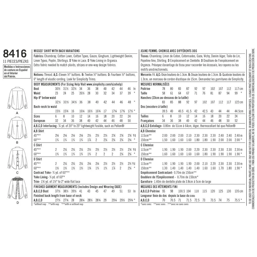 Simplicity Pattern S8416 Misses' Shirt with Back Variations