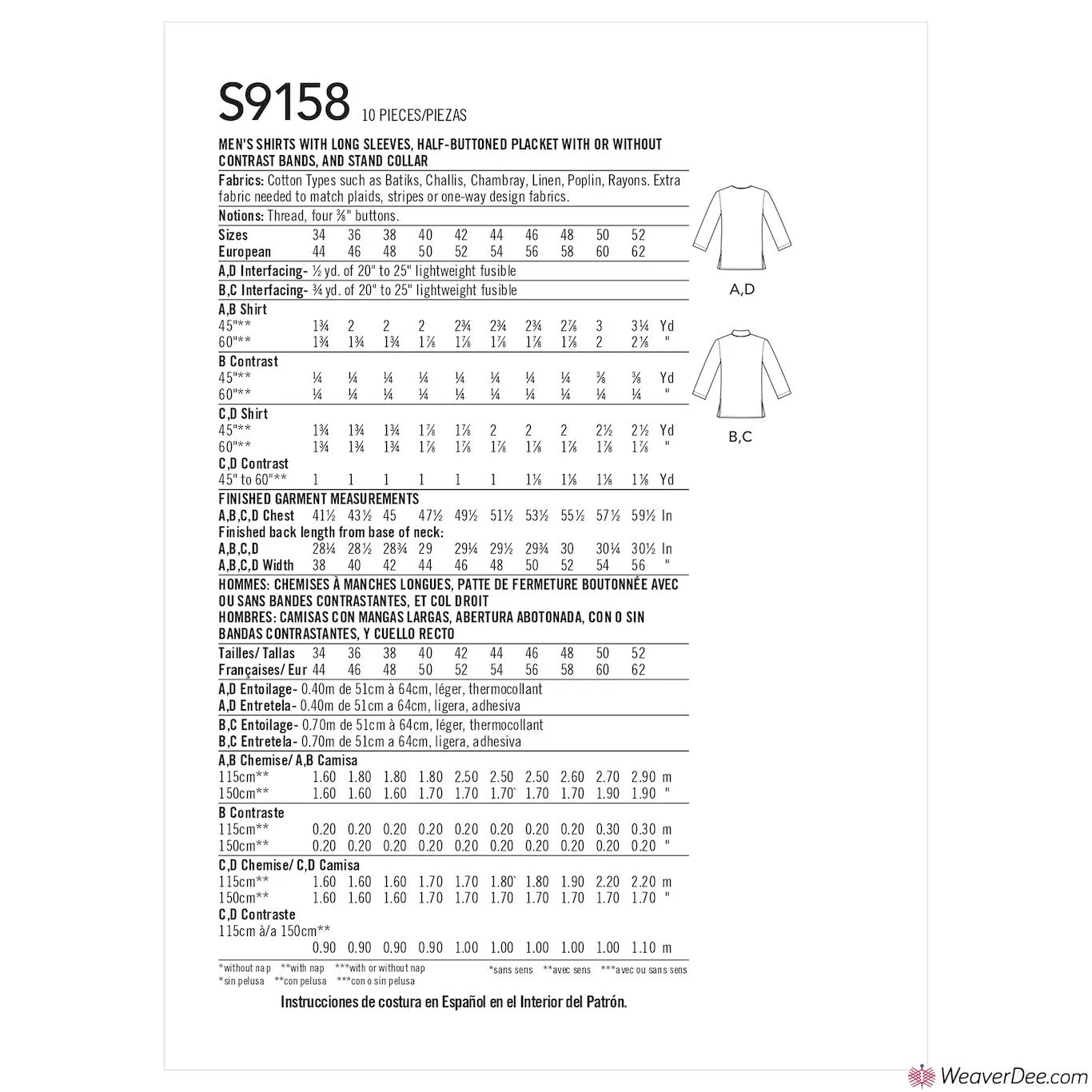 Simplicity Pattern S9158 Men's Half Buttoned Shirts