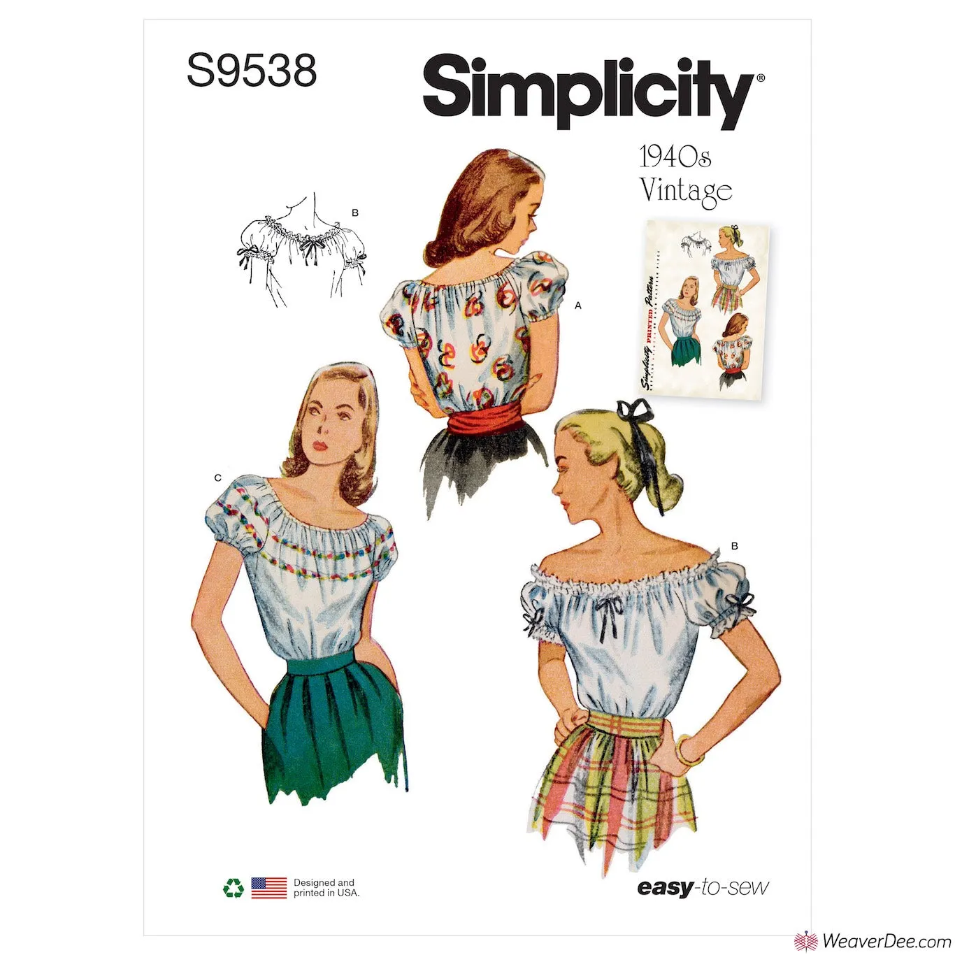 Simplicity Pattern S9538 Misses' Blouses - Vintage 1940s