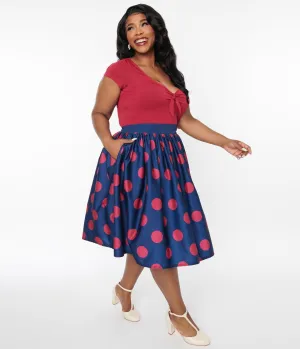 Unique Vintage Navy & Berry Polka Dot Gellar Swing Skirt