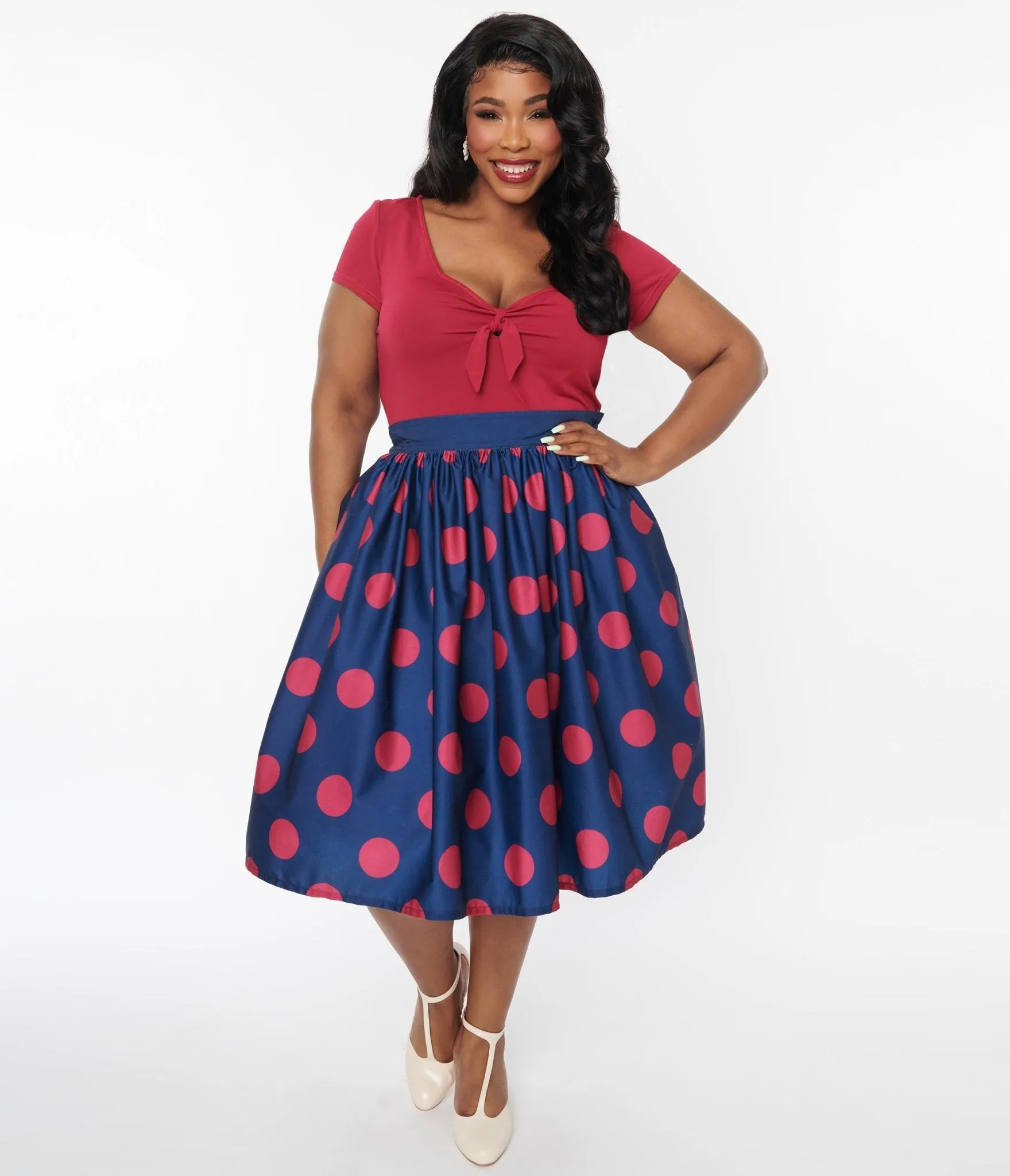 Unique Vintage Navy & Berry Polka Dot Gellar Swing Skirt
