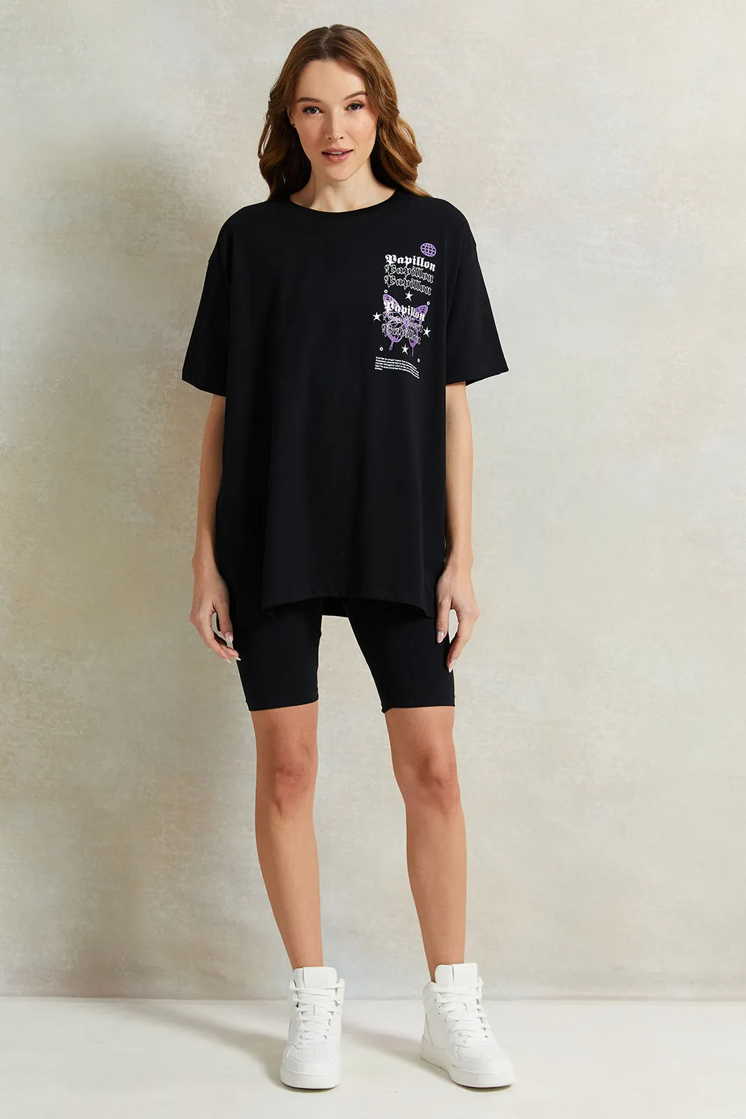 Women Black Printed Oversized T-Shirt