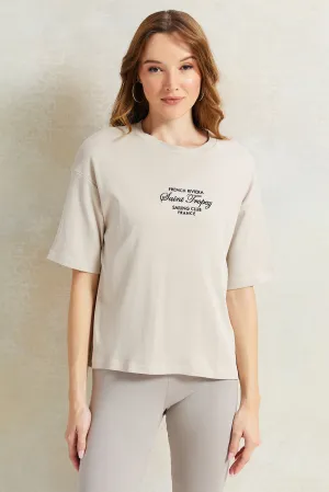 Women Ecru Embroidered Boxy T-Shirt