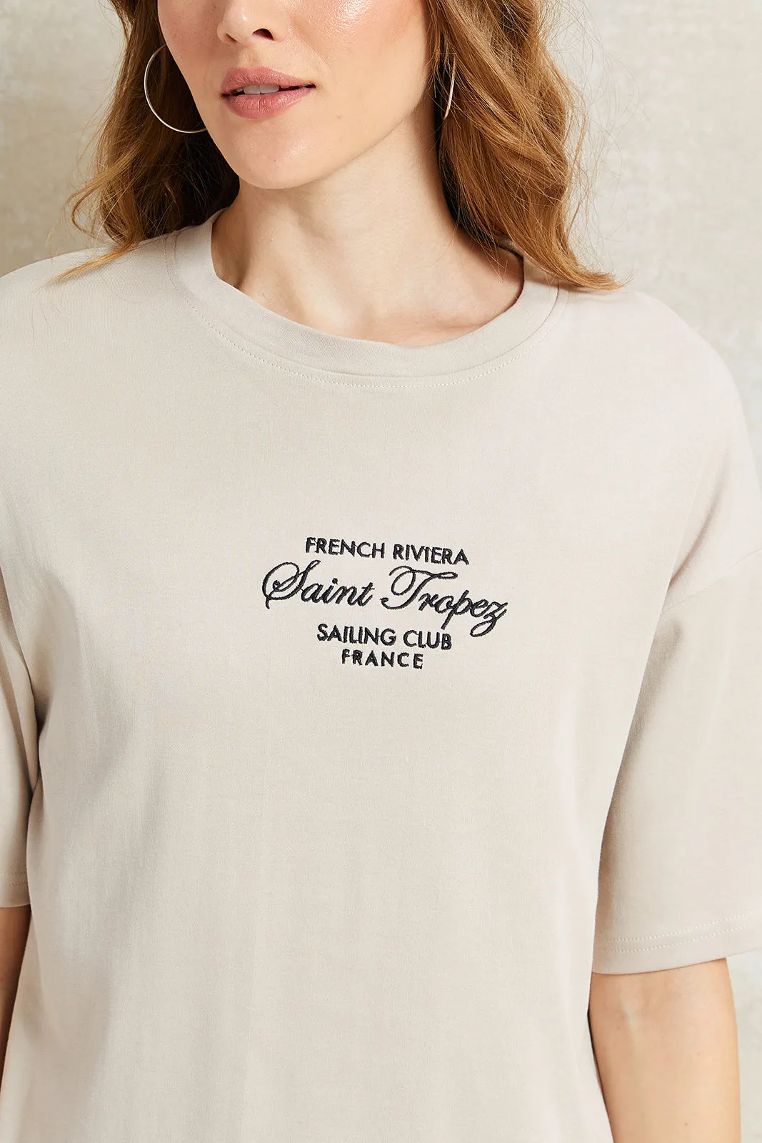 Women Ecru Embroidered Boxy T-Shirt