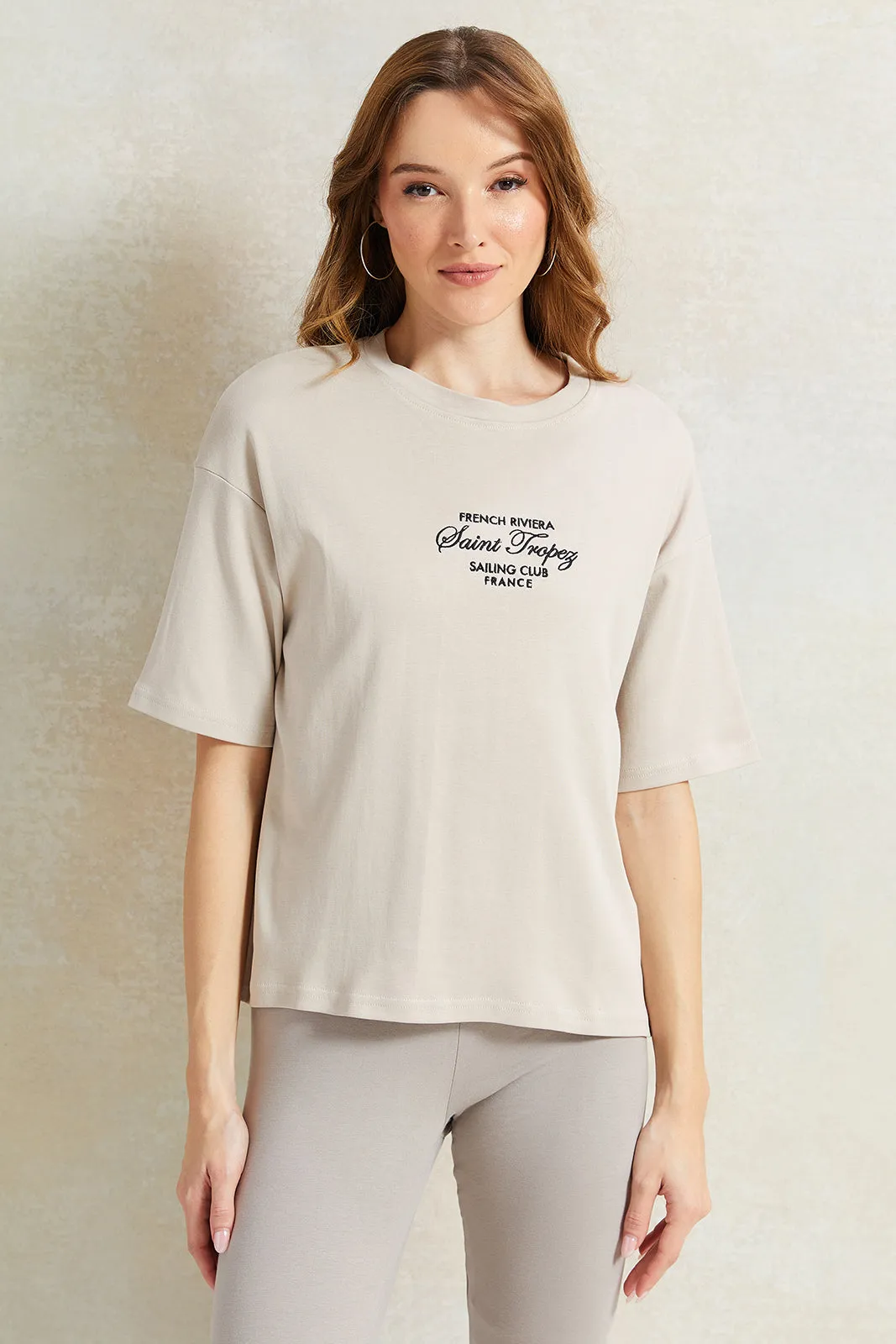 Women Ecru Embroidered Boxy T-Shirt