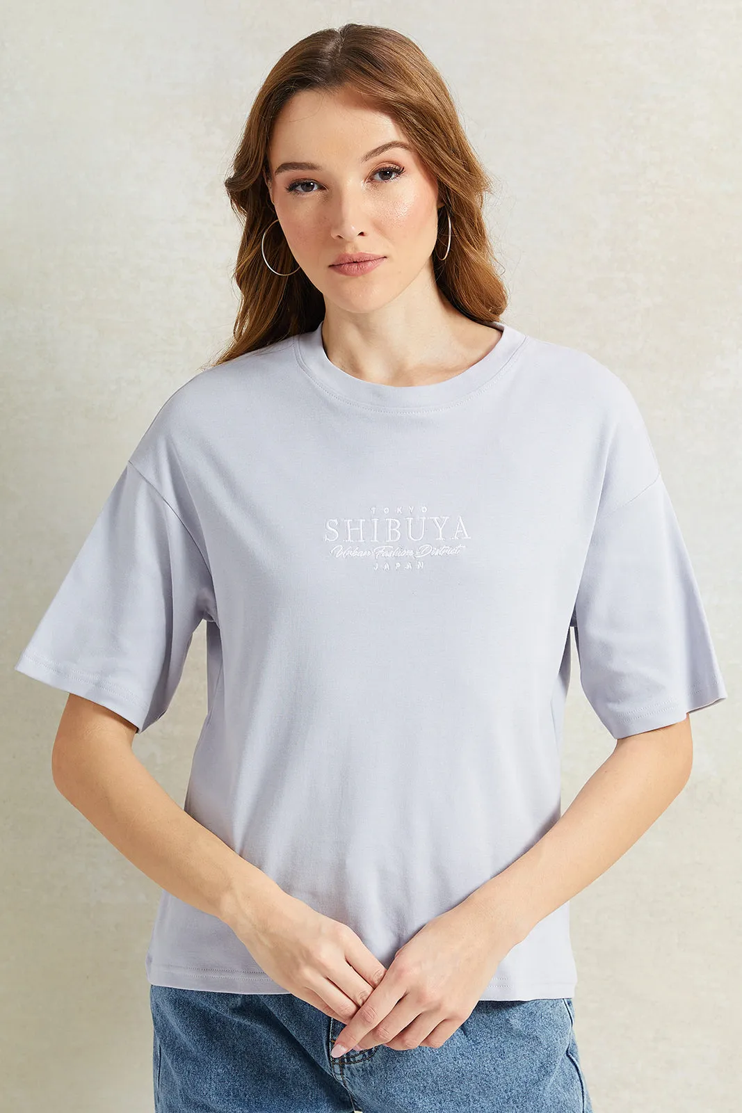 Women Lilac Embroidered Boxy T-Shirt