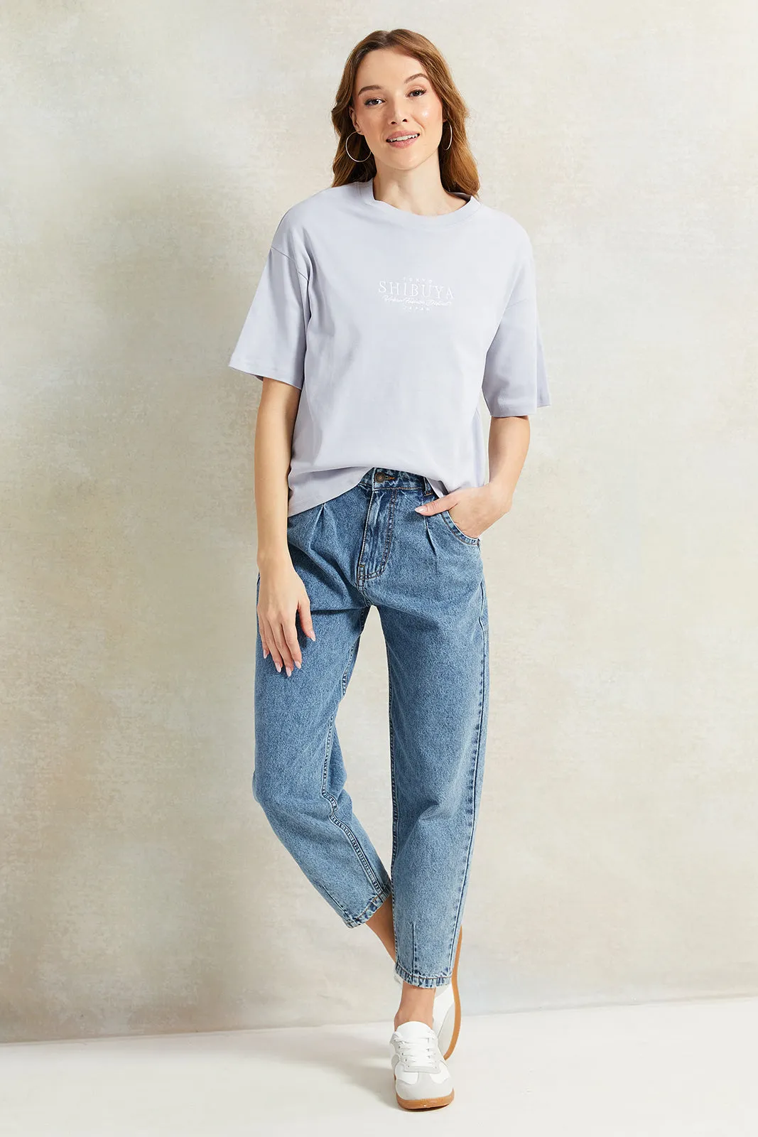 Women Lilac Embroidered Boxy T-Shirt